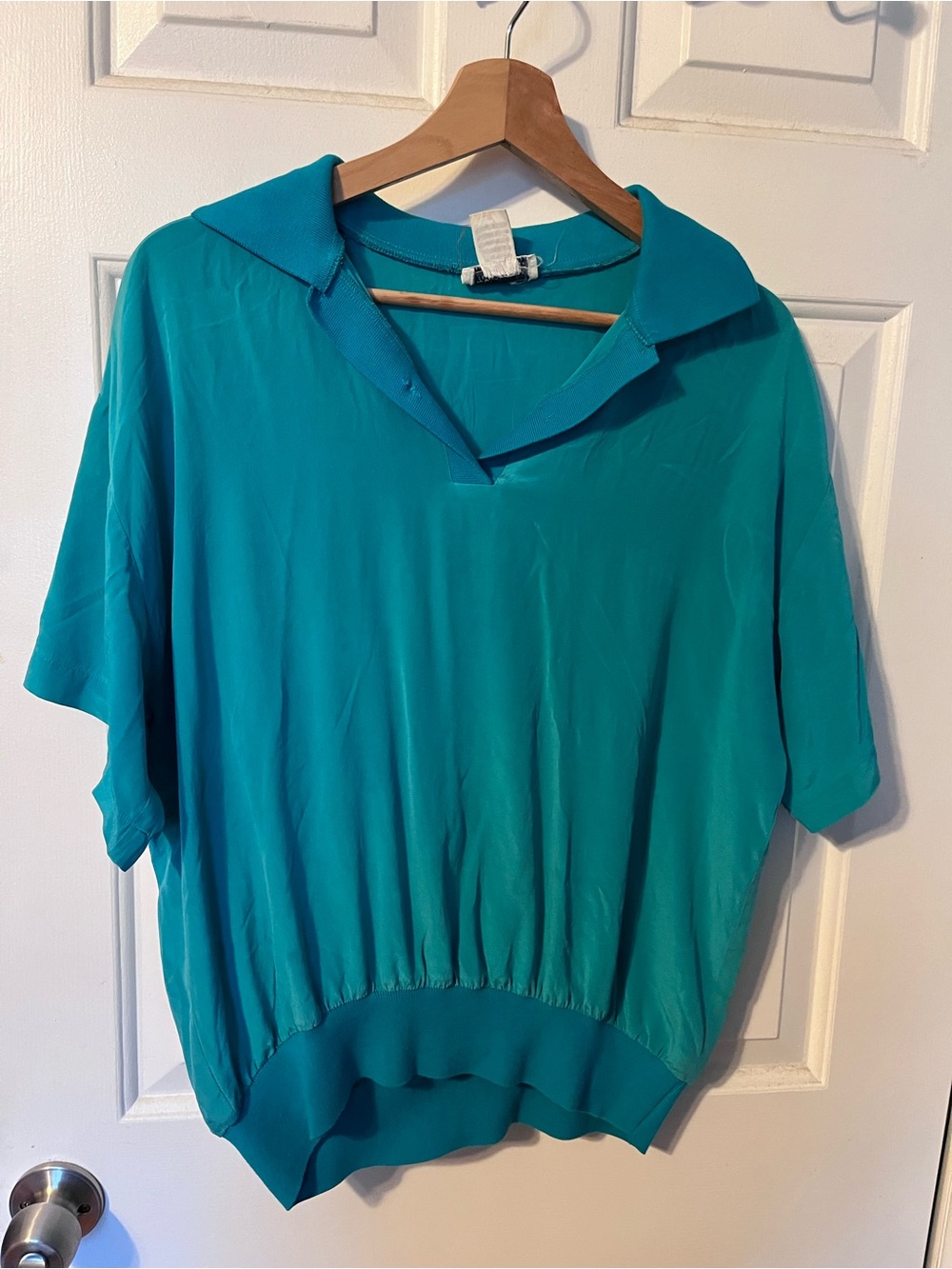 Blue-green vintage 100% silk polo shirt.